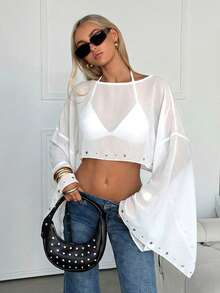 SHEIN EZwear 白色雪纺镶钉薄纱罩衫 - 白色 - 查看 1