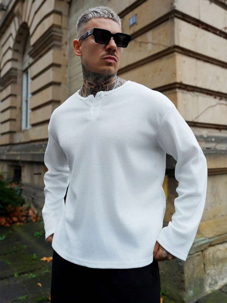 Artur Kramer Henry Collar Waffle Knit Long Sleeve Lightweight Breathable Sun Protection T-Shirt For Men, Casual American Style Undershirt, Versatile Choice For All Seasons , Fall - White - View 1