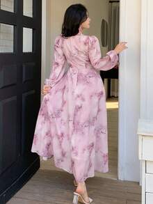 DAZY Women's Elegant Floral Print Tie Collar Puff Sleeve Mid-Length Dress, Spring/Summer Wedding Guest Dress Sundress - Pink - View 2