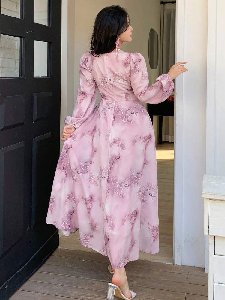 Women's Elegant Floral Print Tie Collar Puff Sleeve Mid-Length Dress, Spring/Summer Wedding Guest Dress Sundress