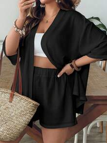 SHEIN VCAY 休闲复古树叶图案宽松大码两件套，适合夏季穿着 - 黑色 - 查看 6