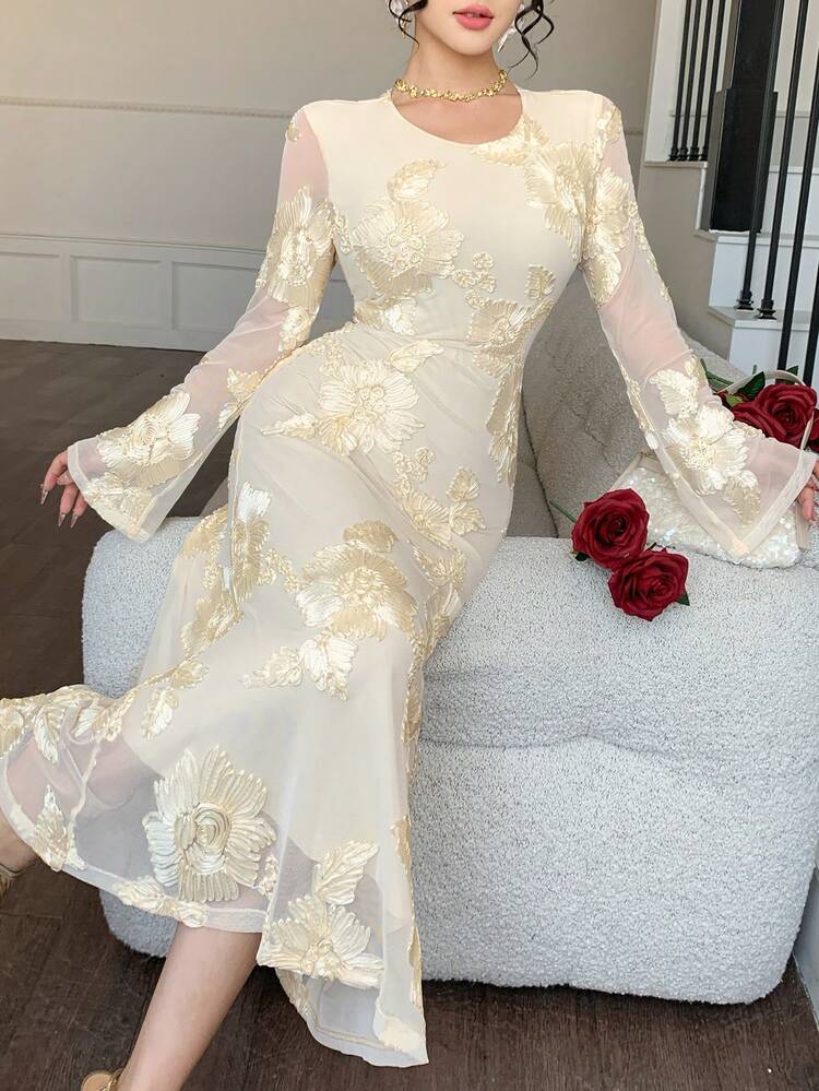 Women's Elegant Floral Print Round Neck Mid-Length Dress, Spring/Summer Wedding Guest Dress Sundress