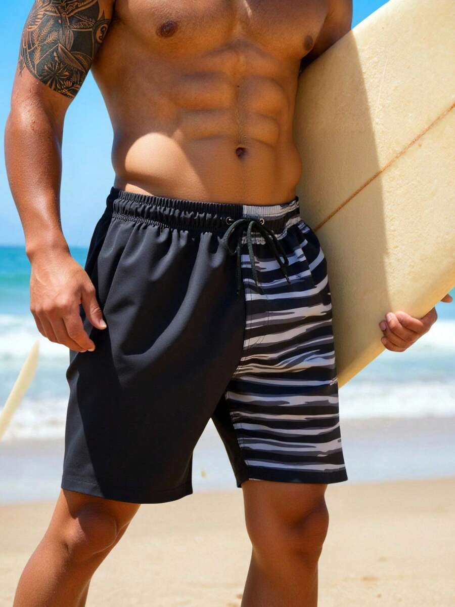 Manfinity Swimmode Quần short đi biển nam kẻ sọc phối màu, quần bơi nam màu đen, đồ đi biển nam. - màu đen - Xem 1