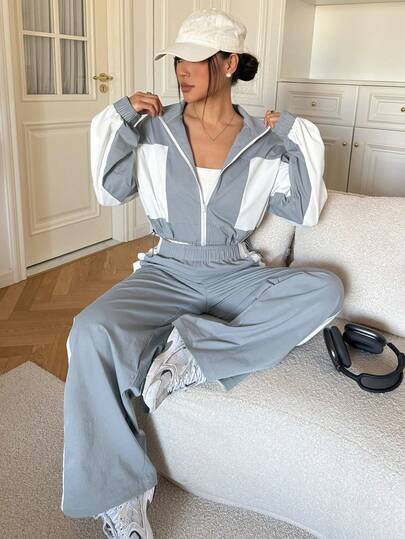 DAZY Women's Casual Contrast Color Block Stand Collar Jacket And Wide Leg Pants 2 Pieces Set, Spring/Summer