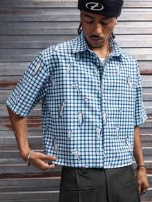 AXEPEAK Men's Loose Fit Letter & Plaid Print Short Sleeve Woven Shirt - Blue - View 5