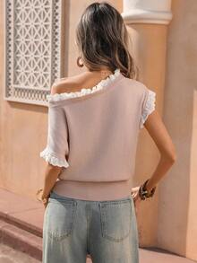 Selianne Spring/Summer Commute Casual Vacation Lotus Pink Lace Trim Solid Color Knit Pullover Sweater For Women - Dusty Pink - View 2