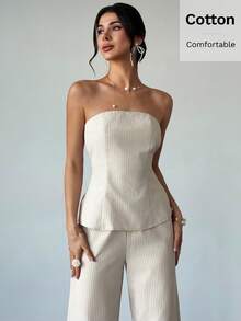 Firerie Bộ đồ nữ mới gồm áo quây và quần cạp chun kẻ sọc màu mơ, bộ quần áo thường ngày cho nữ, bộ quần áo kẻ sọc, bộ kẻ sọc màu mơ, trang phục tối giản cho kỳ nghỉ hàng ngày, quần áo mùa xuân/hè, thanh lịch, đi làm, trang phục công sở, trở lại trường học, kỳ nghỉ, phong cách bohemian, đi biển, dịp trang trọng, thoải mái, cổ điển, áo, trang phục đi làm. - Màu be - Xem 4