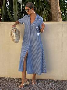 DAZY Women's Casual Striped Shirt Dress With Belt, Spring/Summer Wedding Guest Dress - Blue - View 4