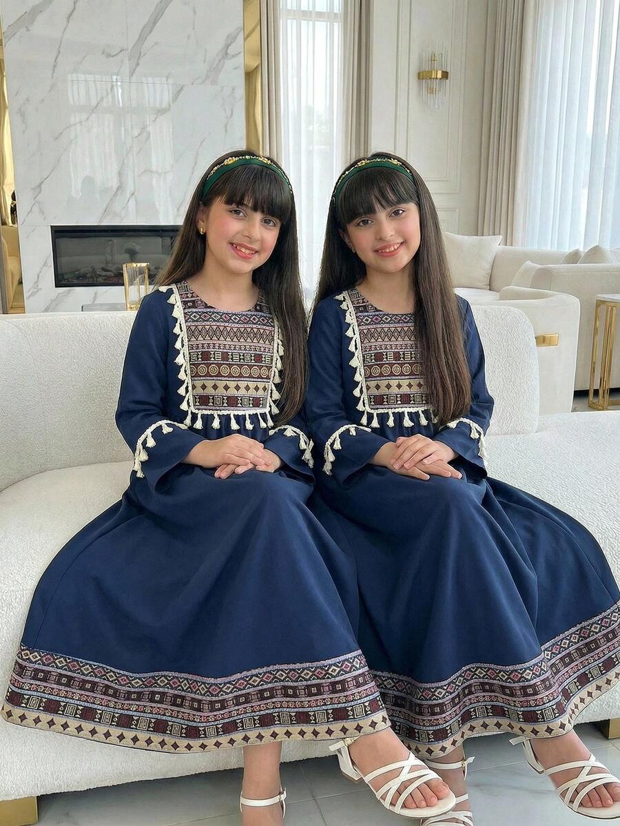Girls' Abaya Dress, Square Neck Long Sleeve A-Line Dress With White Tassel Decor On Chest And Sleeves, Vintage Geometric Pattern Patchwork, Suitable For Festivals Girls Navy Blue Abaya Kids Arabic Dress Girls Modest Dress Girls Navy Blue Modest Dress Girls Abaya - Navy Blue - View 1