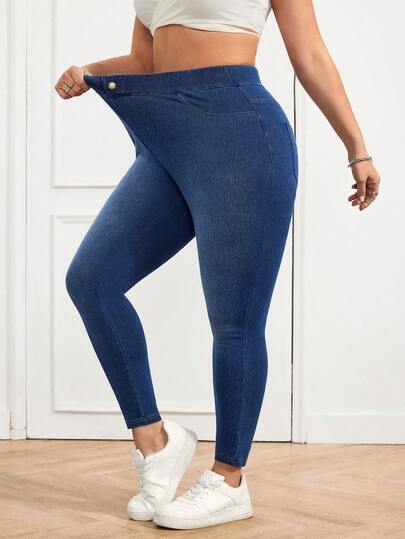 SHEIN CURVE+ Plus Size Dam Casual Knappgylf Vardagskläder Denim Jeans