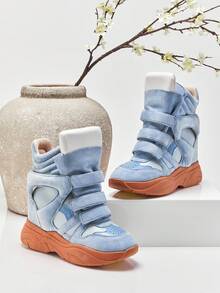 Solezae New Ladie's Maranto Balskee Light Blue Faux Suede High Top Hook And Loop Strap Quilted Padded Collar Hidden Wedge Sporty Chic Sneaker Vacation Shoe - Baby Blue - View 7