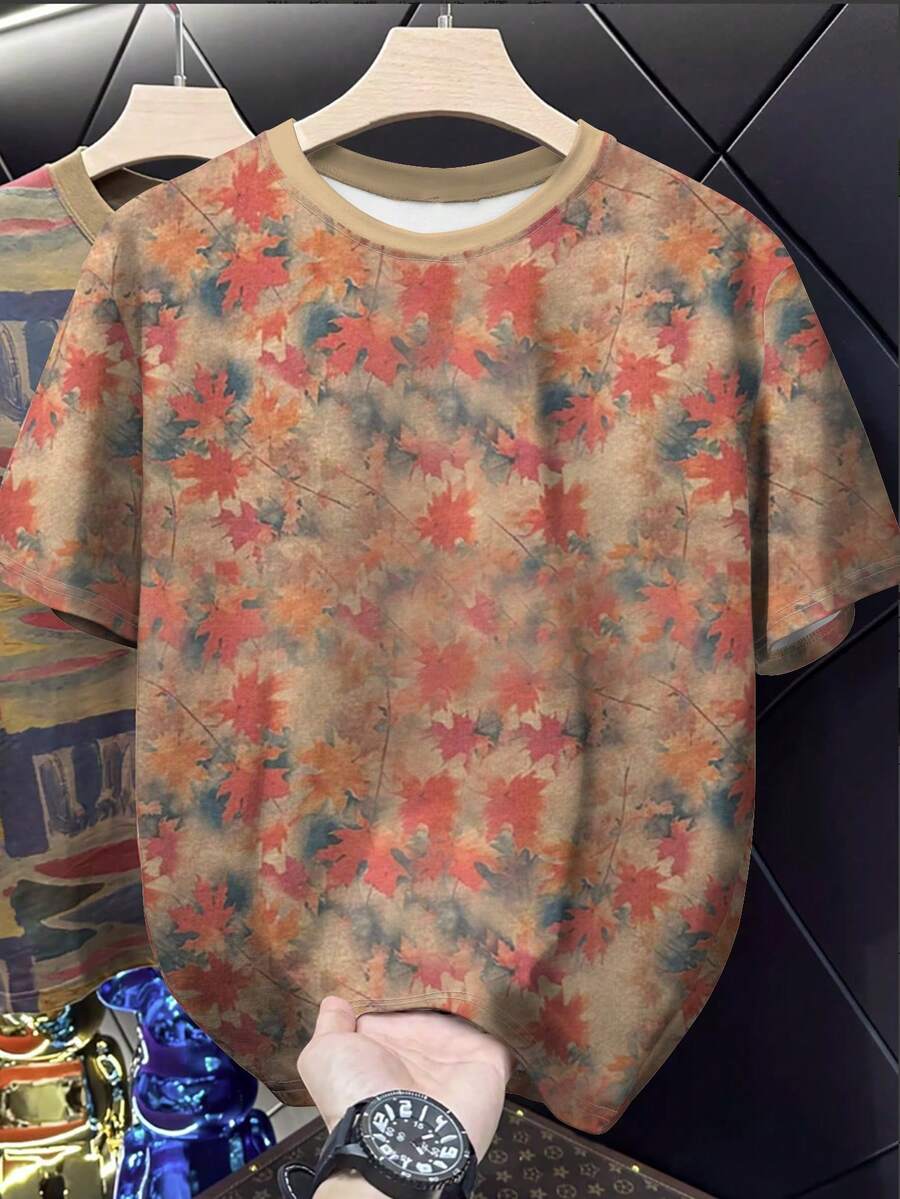 Manfinity Men's Maple Leaf Print Round Neck Casual Versatile Short Sleeve T-Shirt - Multicolor - View 1