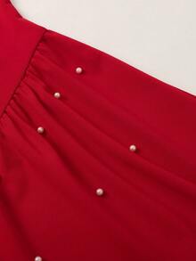 SHEIN 少女休闲优雅红色针织吊带修身荷叶边A字连衣裙，适合情人节、万圣节、派对、返校季穿着，带串珠装饰 - 紅色 - 查看 4