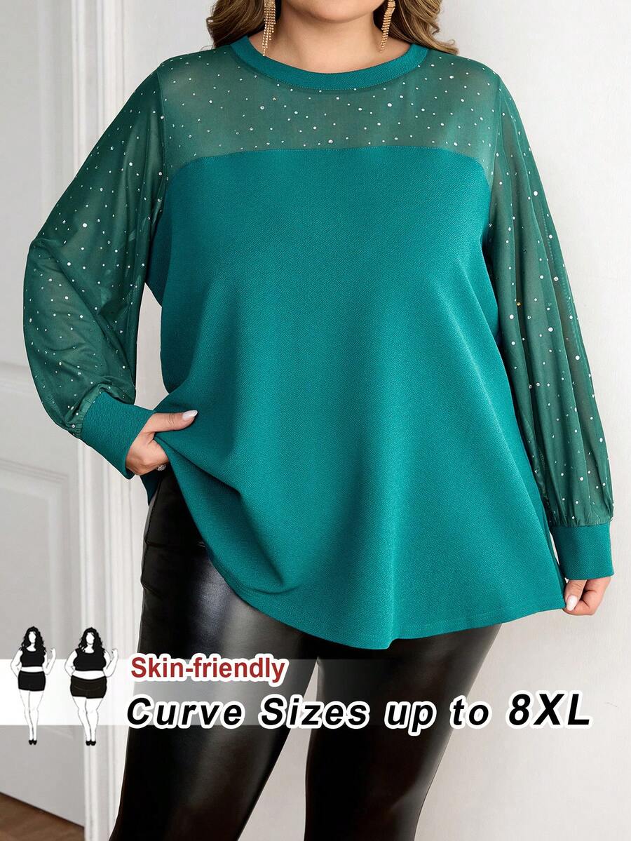 SHEIN CURVE+ Áo nữ dài tay cỡ lớn, trang phục thường ngày thoải mái. - Màu xanh lá cây đậm - Xem 1