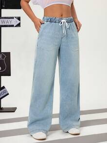 Flexra Women's Casual Everyday Commute Versatile Drawstring Waist Loose Wide Leg Jeans - Baby Blue - View 5