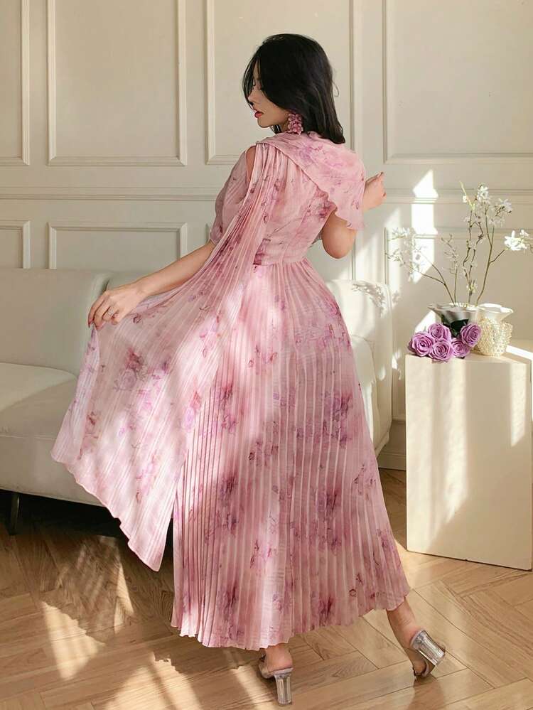 Women's Elegant Floral Pleated Long Dress, Summer Wedding Guest Dress Maxi Dress Sundress