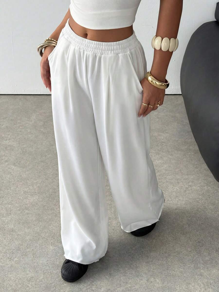 SHEIN 少女宽松休闲运动裤，带口袋，纯白色 - 白色 - 查看 1