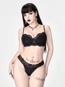 ROMWE Goth 哥特蕾丝交叉绑带蝴蝶结蕾丝丁字裤 - 黑色 - 查看 6