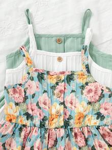 Souflis Souflis 3件組女嬰無袖洋裝 淡藍色花卉夏季可愛度假風細肩帶收腰木鈕扣 A字裙 柔軟面料洋裝 - 綠色 - 查看 4