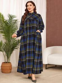 Al Najma Plus Size Women's Casual Plaid Print Stand Collar Long Sleeve Pocket Loose Dress, Suitable For Spring And Autumn - Multicolor - View 6