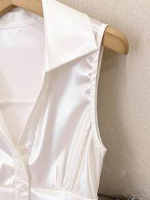 Ellegaria. Women's Solid Color Single-Breasted Pleated Collar Sleeveless Casual Shirt White Elegant Top Pearl Shirt Silk Tops For Women Satin Shirt White Satin Top Satin Blouses For Women Cream Blouse - Multicolor - View 5