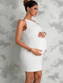 MaterniChic Vestido de maternidad de unicolor, asimétrico, sin mangas y ajustado con diseño de moda - Blanco - Ver 4