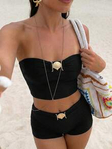 Bonvoyette Women's Elegant Black Bandeau Bikini Set With Removable Straps, 2026 Slimming High Waist Two Pieces Swimwear With Shell Embellishment, Bandeau Top & Boy Shorts, Casual Minimalist Chic Beachwear For Summer Vacation Resort Wear & Pool Party - Black - View 8