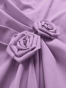 Maweii Gaun Elegan dengan Detail Kerut di Pinggang, Hem Asimetris, Lengan Mengembang, dan Dekorasi Bunga Mawar, Desain Minimalis untuk Pemakaian Sehari-hari dan Perjalanan, Ukuran Plus - Purple - View 6