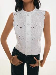 Poéselle Women's Summer Minimalist Hollow Embroidery Button Sleeveless Shell Trim Blouse,White Sleeveless English Lace Blouse, Stand-Up Collar Embroidered Top, Summer Openwork Shirt, Chinese Styles Button-Fastening Shirt, Chinese Styles Shirt,Chinese Knot Buttons - White - View 7