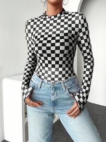INAWLY Women's Casual Checkerboard Long Sleeve Fitted Top Fall Cloth For Women - Black and White - View 1