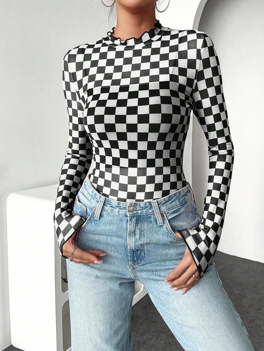 INAWLY Women's Casual Checkerboard Long Sleeve Fitted Top Fall Cloth For Women - Black and White - View 1