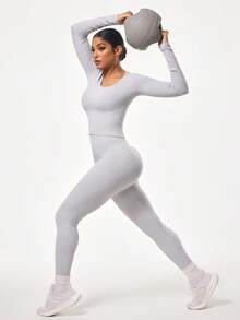 Slayform Bộ đồ thể thao gồm áo dài tay và quần legging màu trơn. - Xám - Xem 2