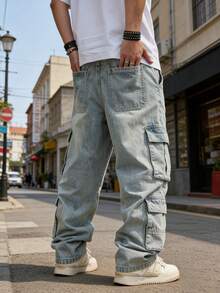 HIMLAND Men's Casual Loose Straight Leg Jeans With Pockets, Cargo Style Style Men Wide Leg Jean Baggy Cargo Jeans Men S Loose Straight Leg Casual Pants Cargos For Men - Light Wash - View 3