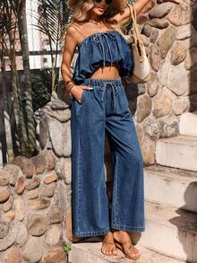 Breezaya New Sexy Loose Straight Elastic Waist Drawstring Women Jeans Pants, Drawstring Ruched Denim Tube Top Summer  Vacation