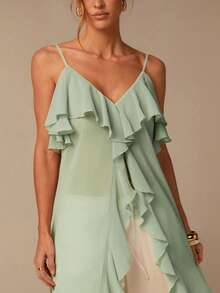 COSMINA Women's Ruffled Strap Long Top, Sleeveless Casual Vacation Bohemian Style Midi Cami Top In Light Green - Green - View 6