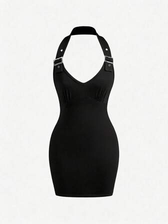 Grunge Punk Vestido mini ajustado para mujer de color negro, con cuello halter, espalda descubierta, escote en V profundo y hebilla ajustable