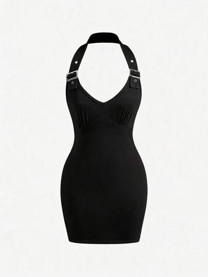 Grunge Punk Black Halter Solid Color Backless Deep V-Neck Adjustable Buckle Fitted Mini Dress For Women