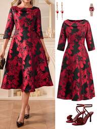 Ellevyn שמלת גזרה אלגנטית חדשה לנשים עם צווארון עגול, מותן צמוד, בגזרת ז'קארד באורך בינוני, מתאימה למסיבה ולאירועים מרובים