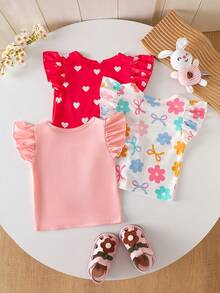 SHEIN Gentle Purple Stripe, 3D Bow Pattern, Young Girl Casual Simple Versatile Round Neck Cap Sleeve T-Shirt 1pc Suitable For Spring/Summer Daily Wear, - Multicolor - View 2