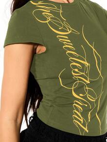 SUMWON WOMEN Women Cropped Baby Tee With Script Print Short Sleeve Fitted Top Casual Summer Fashion - Khaki - View 2