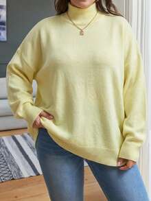 EURMUSE Plus Size Women's Solid Color Turtleneck Casual Versatile Long Sleeve Sweater, Suitable For Autumn/Winter Daily Wear - Yellow - View 1