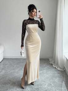 Rafferiza Lace Patchwork Long Sleeve Elegant Party Dress, Black Long Dress - Apricot - View 1