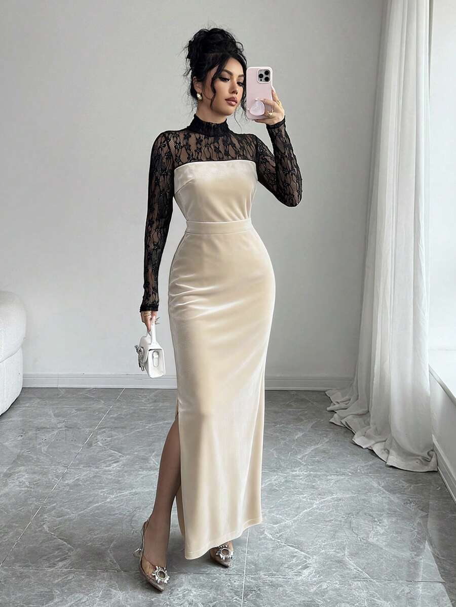 Rafferiza Lace Patchwork Long Sleeve Elegant Party Dress, Black Long Dress - Apricot - View 1