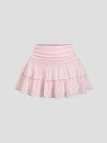 Sweetra New Spring/Summer Fashion Pink Lace Vacation Beach Party Commute Outfit Bow Tie Blouse And Double Layer Cake Short Skirt 2-Piece Set - Pink - View 6