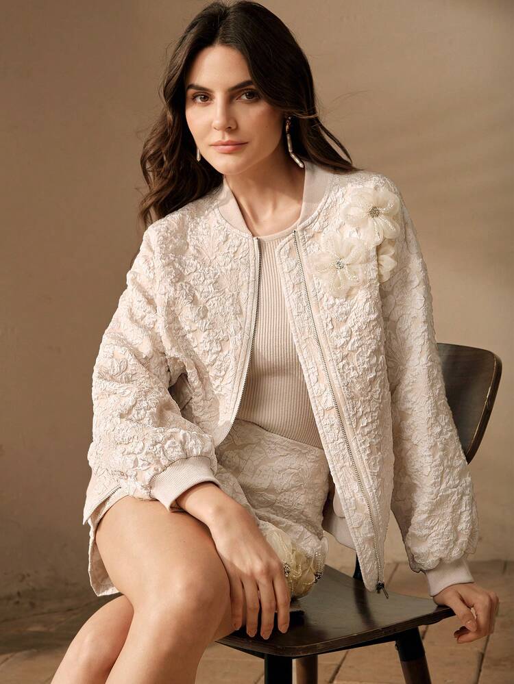 New Women's Spring Textured Apricot 3D Floral Beaded Crafted Chic Shiny Casual Jacket, French Romantic Resort Outerwear, Suitable For Winter, Spring, New Year, Party, Wedding, Chic, Festival, Elegant, Valentine's Day, Thanksgiving