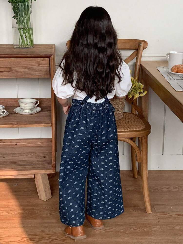 Young Girl Casual Vacation & Commute Ditsy Floral Loose Wide Leg Denim Jumpsuit