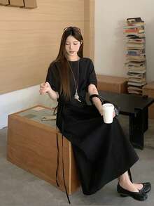 DAZY 女士休闲宽松系带腰短袖圆领中长连衣裙，街头风吊带裙 - 黑色 - 查看 6