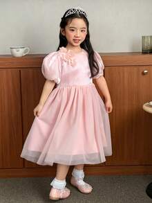 DAZY Young Girls Round Neck Floral Mesh Patchwork Formal Party Birthday Dress - Pink - View 1