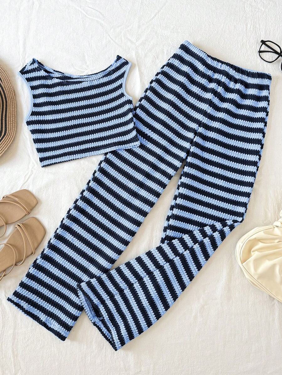 Tween Girl Casual Vacation Street Asymmetric Shoulder Textured Jacquard Striped Fitted Cropped T-Shirt And Matching Straight Leg Striped Knit Pants Set, Back To School Outfit - Blue - View 1