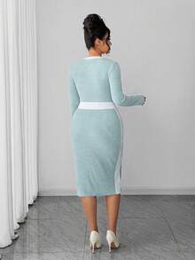 Elenzga Vestido midi ajustado de manga larga con cuello cuadrado y bloques de color azul y blanco para mujeres de talla grande, adecuado para el trayecto diario, citas casuales, ocasiones sociales y salidas de vacaciones - Azul y blanco - Ver 4